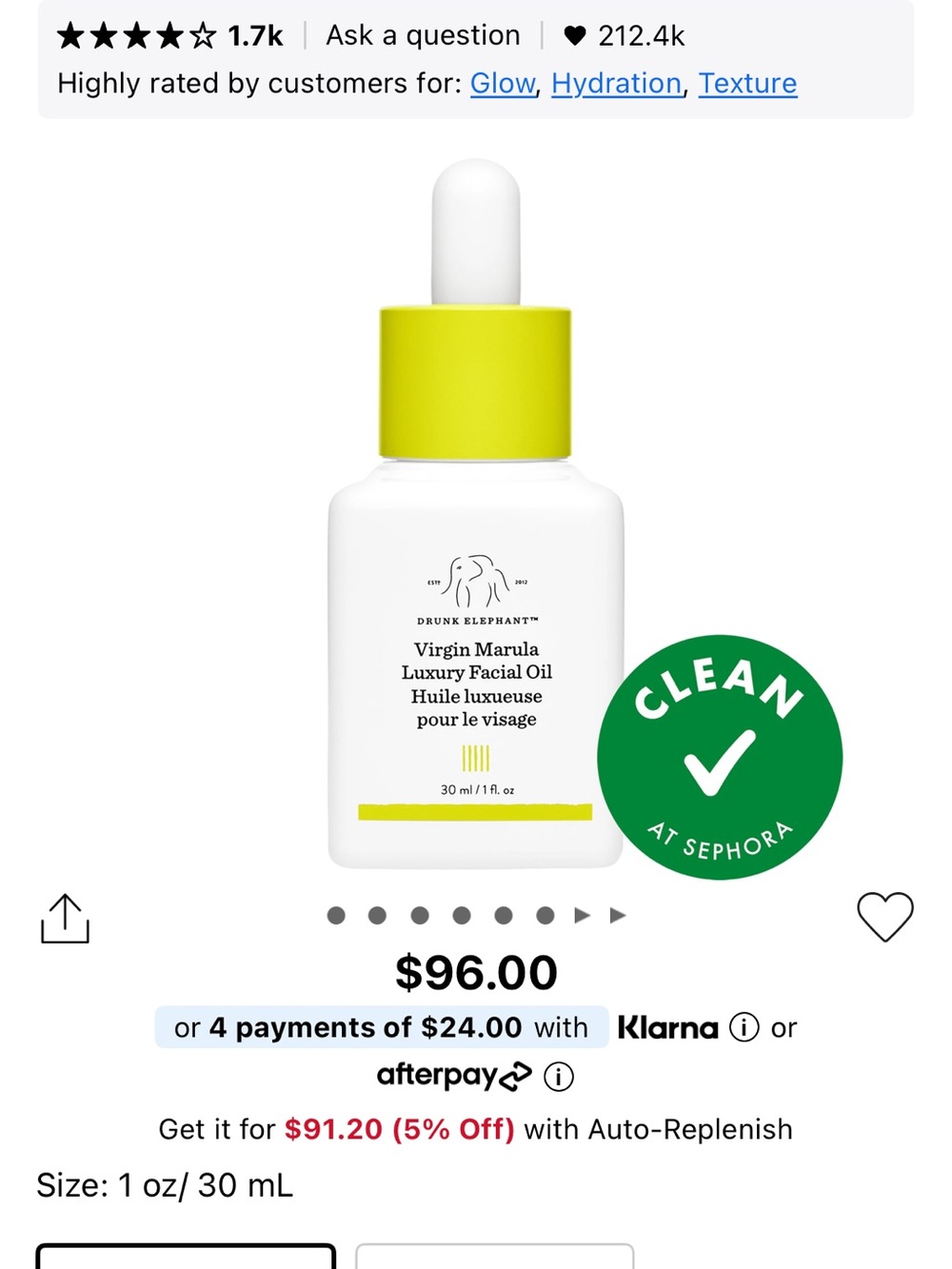 Drunk Elephant Virgin Marula Luxury Facial Oil — White Bottle with Yellow Cap